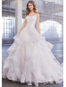 White Printed Organza Tiered Ruffle Wedding Dress With Horsehair Trim
